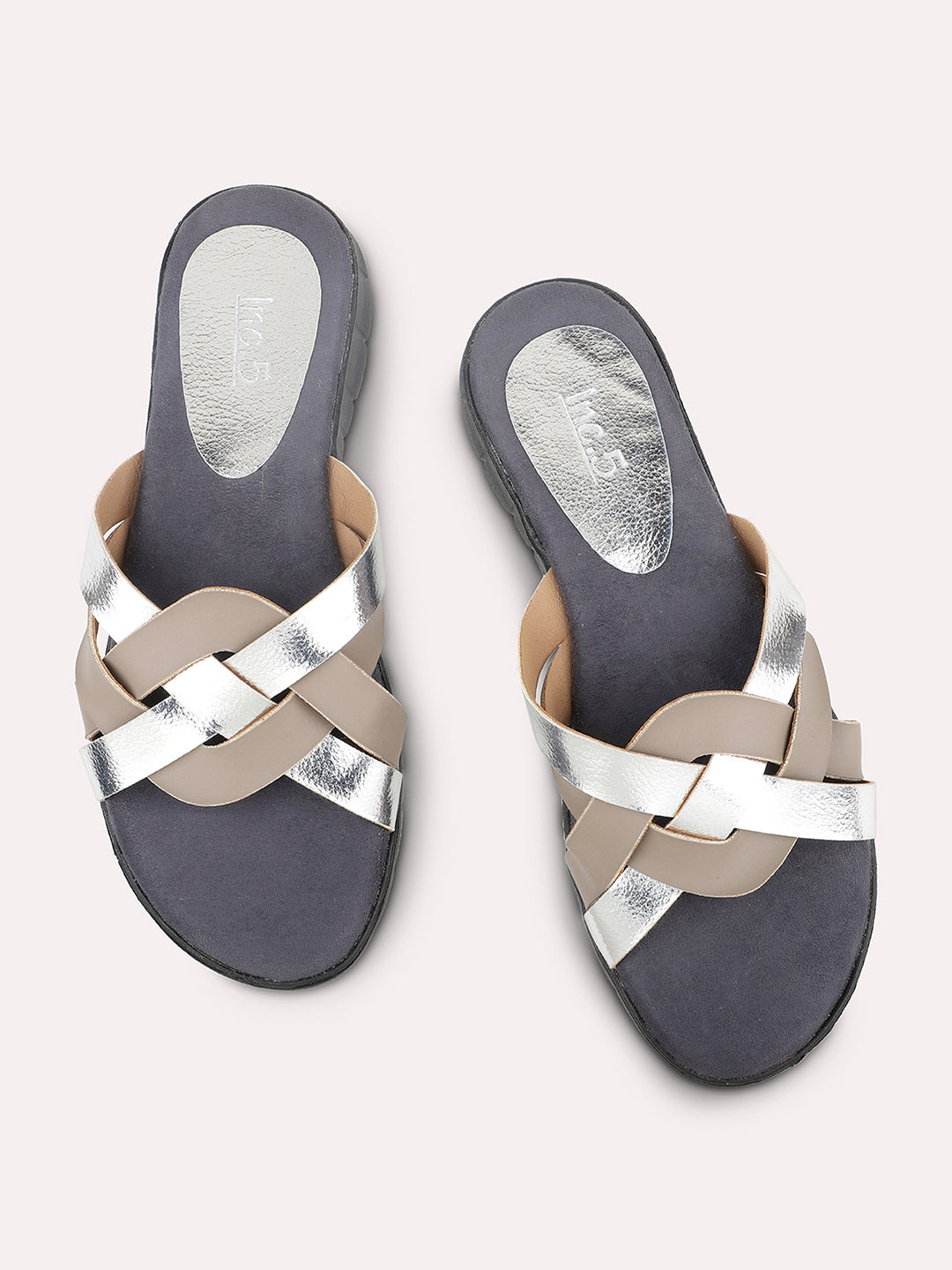 Women Silver & Beige Striped Open Toe Flats