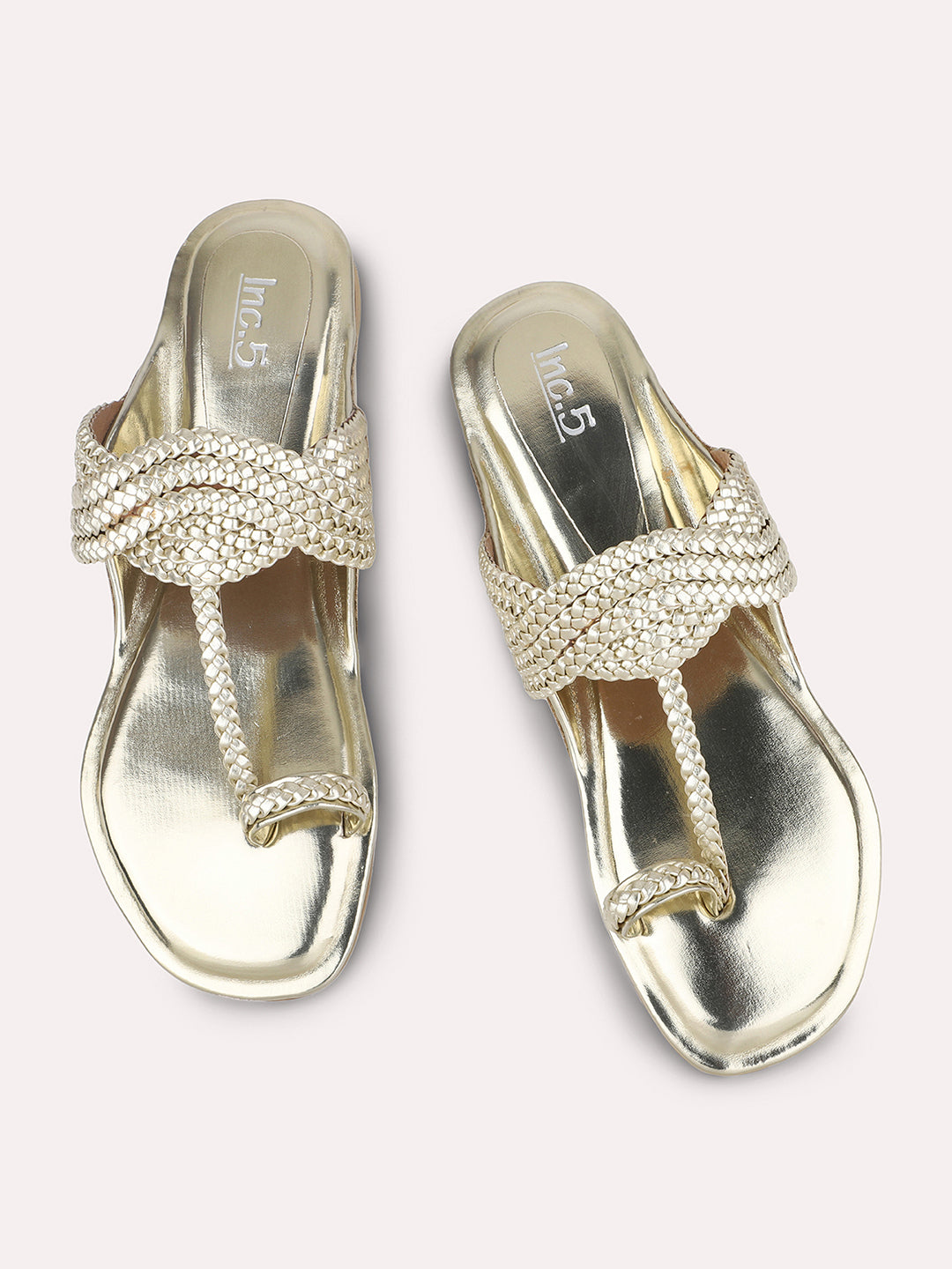 Women Gold Woven Design One Toe Flats