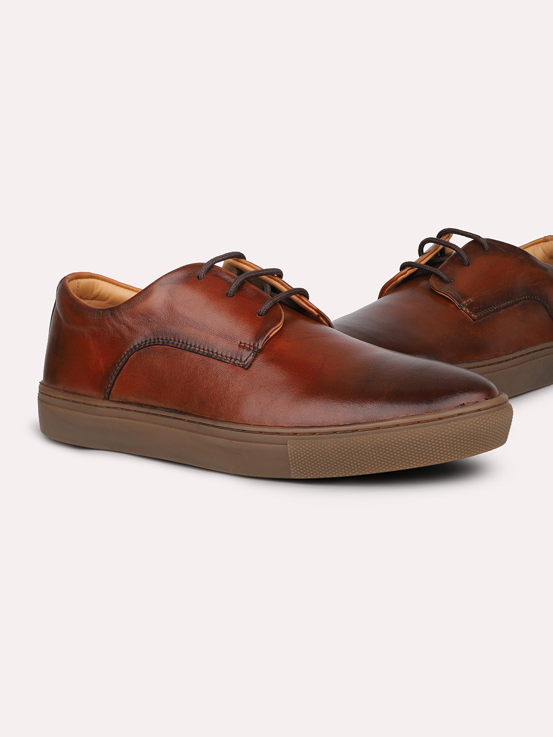 Men Cognac Solid Casual Lace-Up Shoes