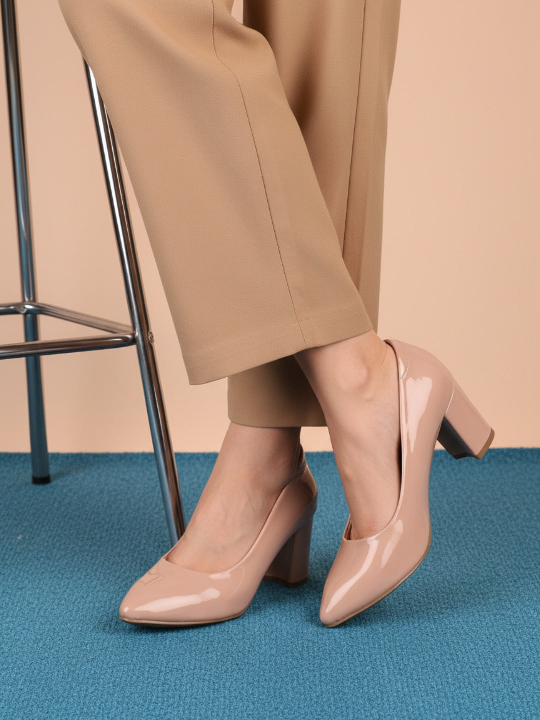Women Beige Block Pumps