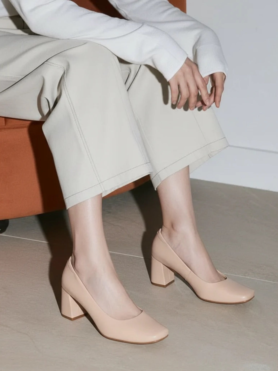 Woman Beige Solid Block Pumps