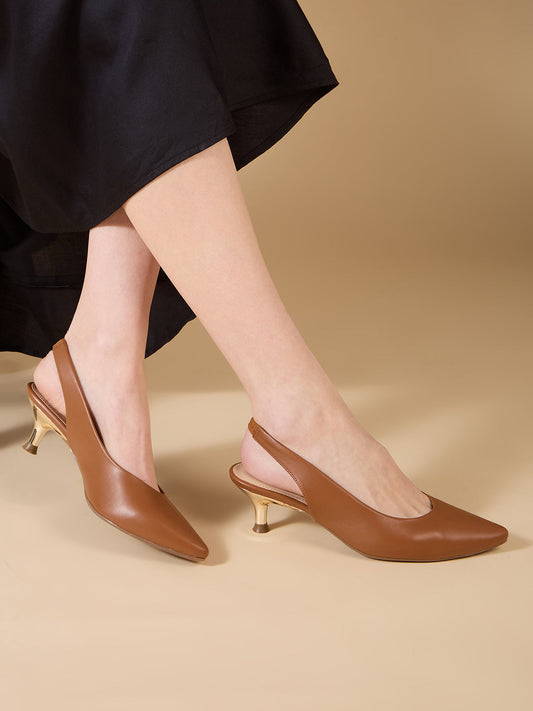 Womens Tan Party Wear Solid Pointed Kitten Heel Pumps