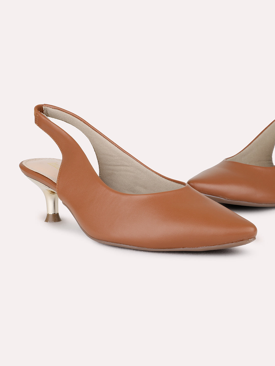 Womens Tan Party Wear Solid Pointed Kitten Heel Pumps