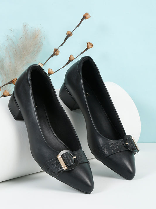 Women Black Pointed Toe Block Pumps With Buckles Details