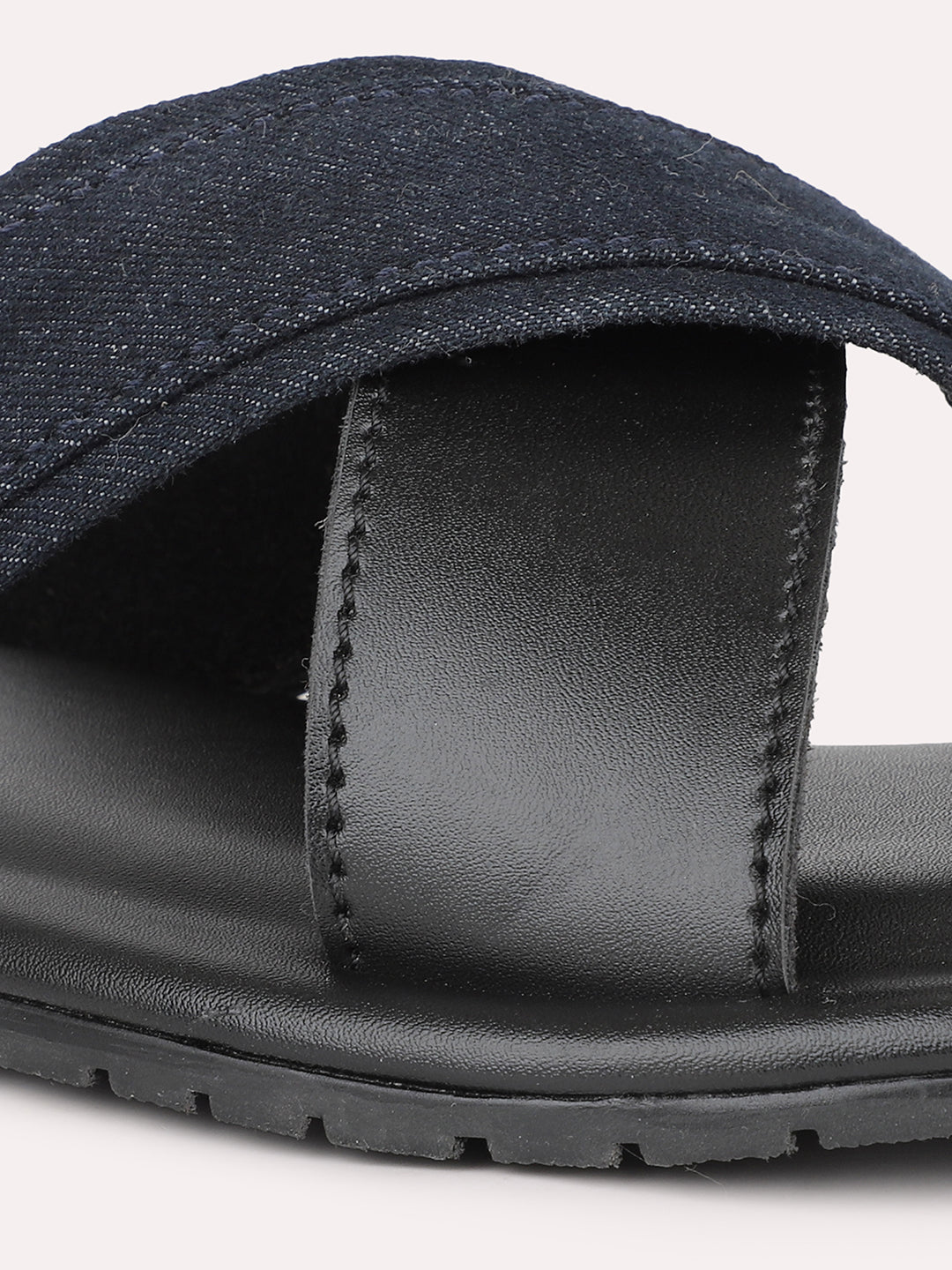 Privo Dark Blue Denim and Black Casual Sandals For Men