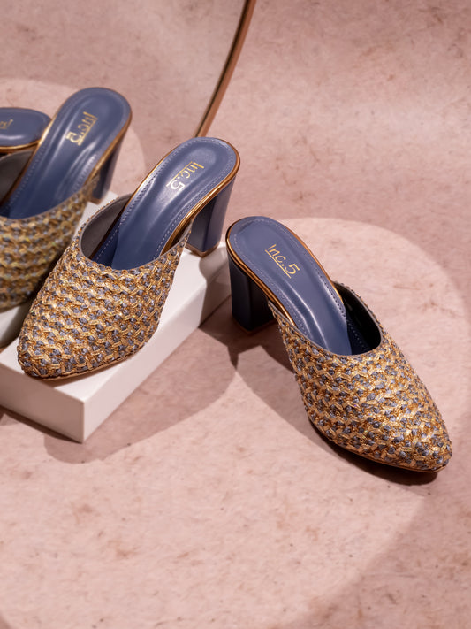 Women Blue Embellished Block Mules