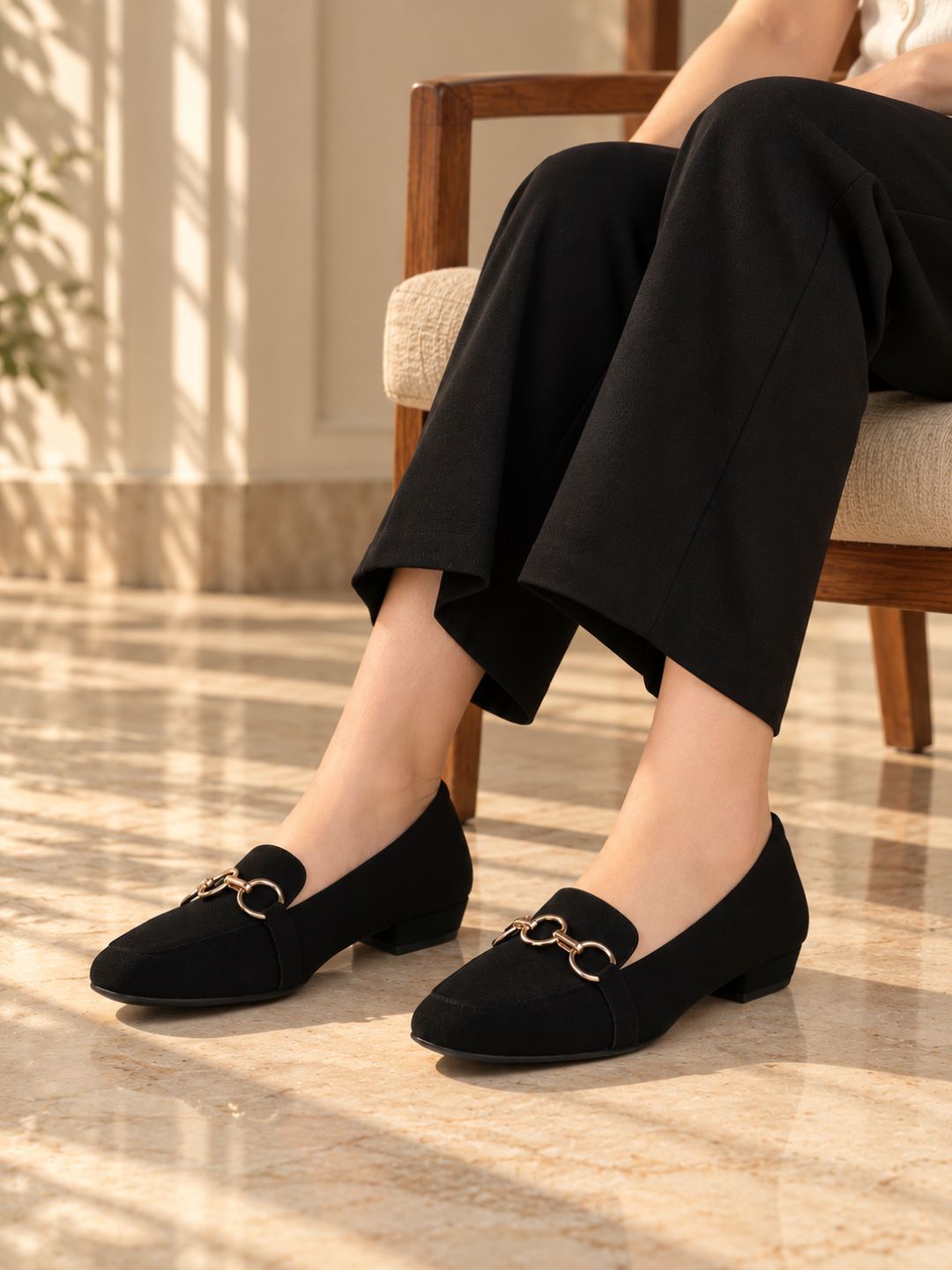 Women Black Suede Block Pumps