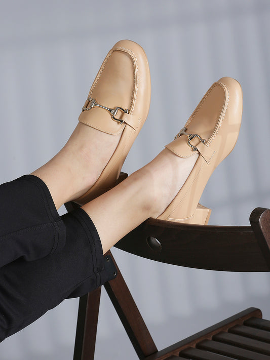 Women Beige Solid Moccasins with Buckle Detail