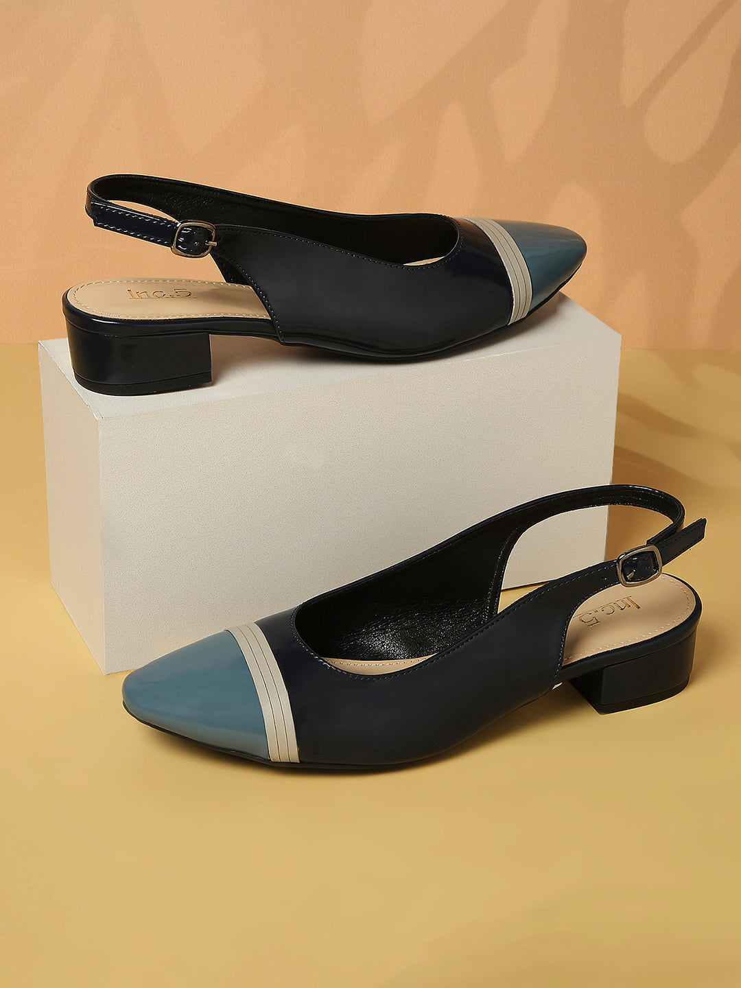 Women Navy Colourblocked Block Heel Mules with Buckle Detail