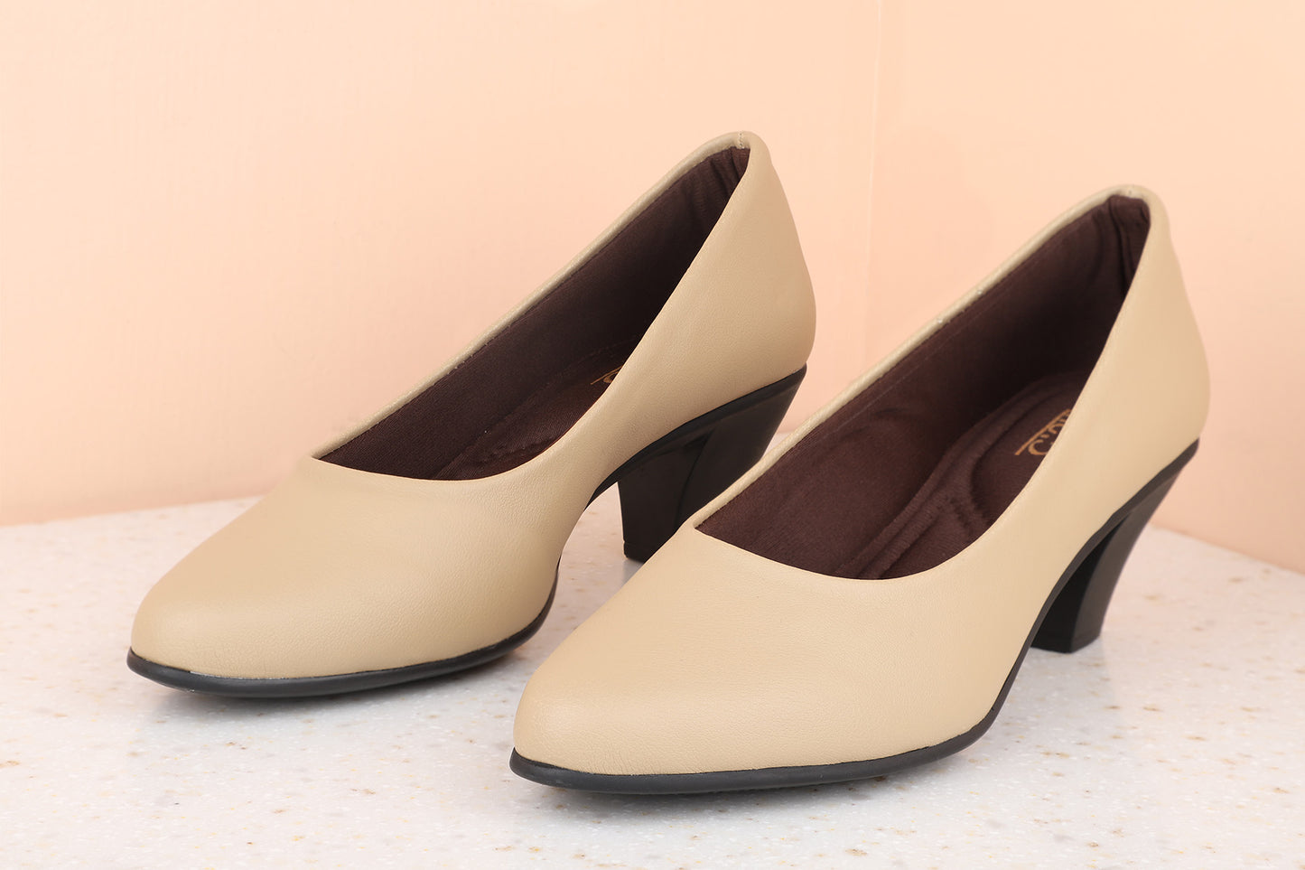 Women Beige Solid Block Pumps