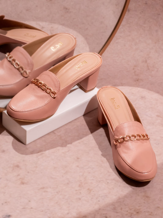 Women Peach Embellished Block Mules Heels