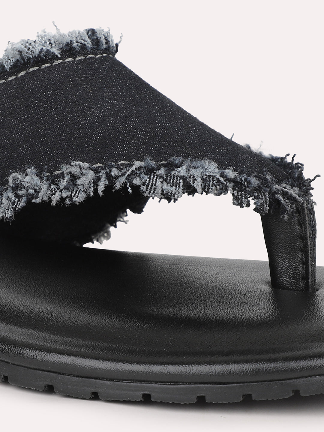 Privo Black Denim T-strap Causal Sandal For Men