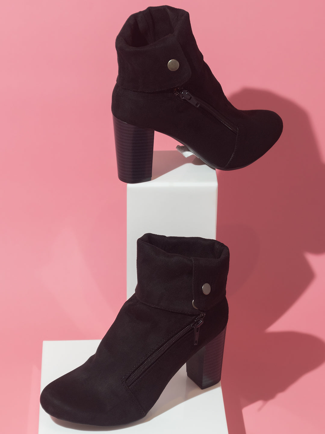 Women Black Color Block Heels Boots