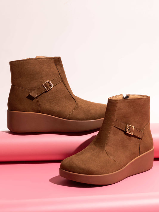 Women Tan Suede upper Ankle-Length Boots with Zip Closure
