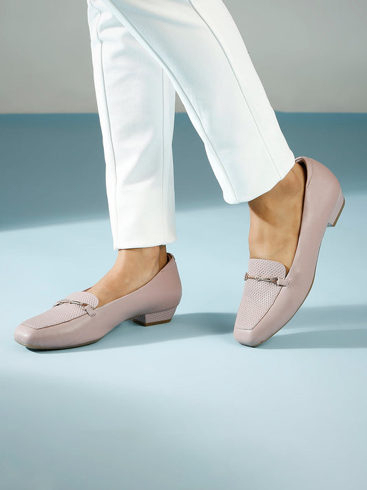 Women Peach Textured Buckled Block Heel Pumps