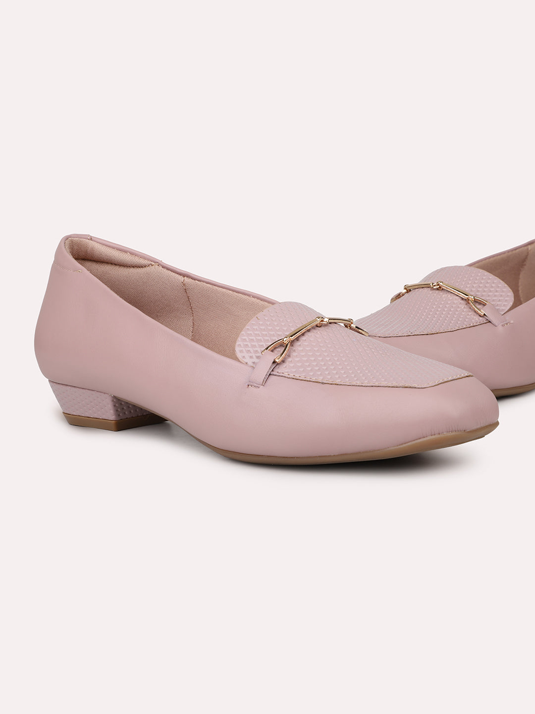 Women Peach Textured Buckled Block Heel Pumps