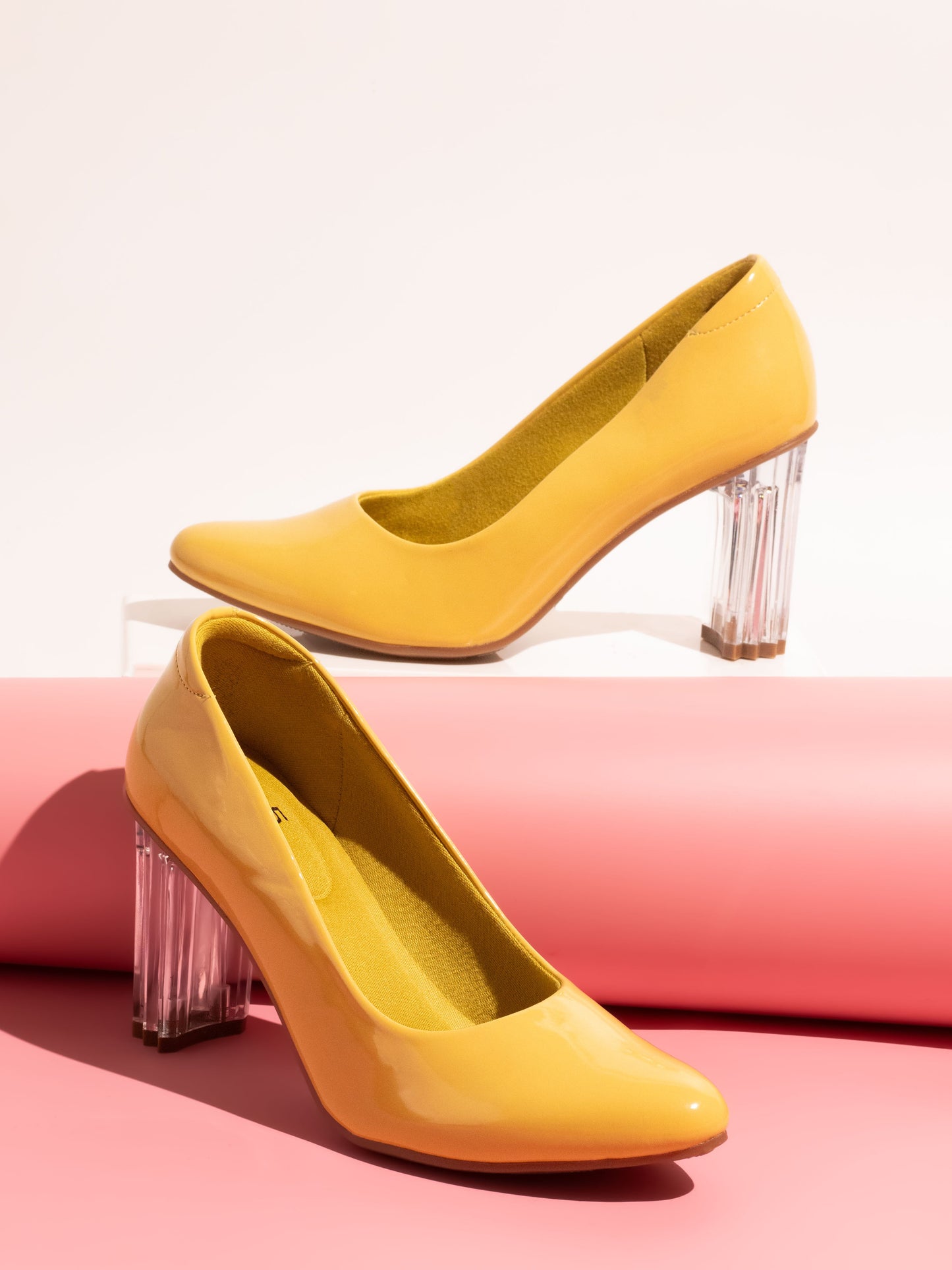 Women Yellow Pointed Toe Block Pumps