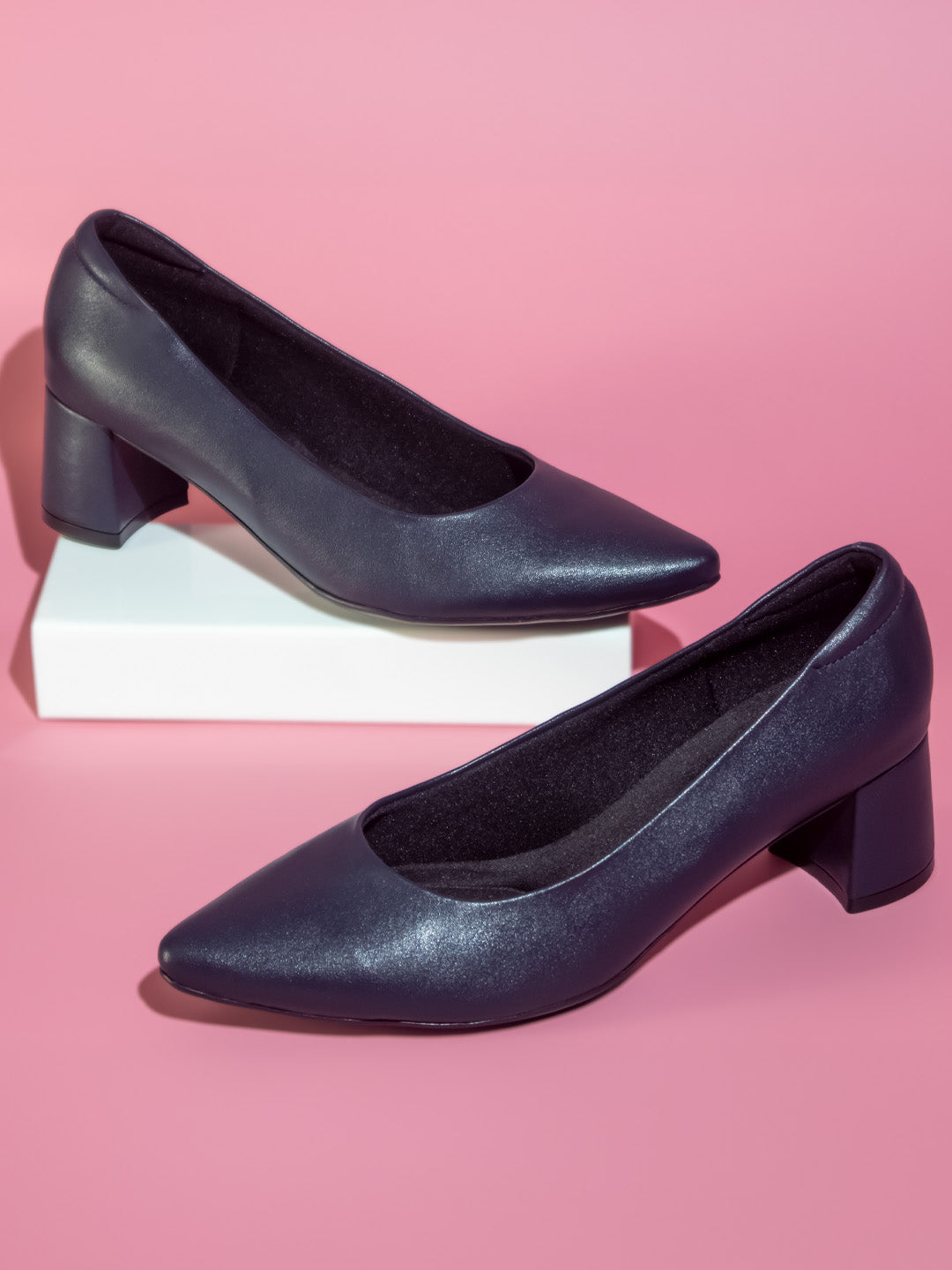 Women Navy Pointed Toe Block Pumps