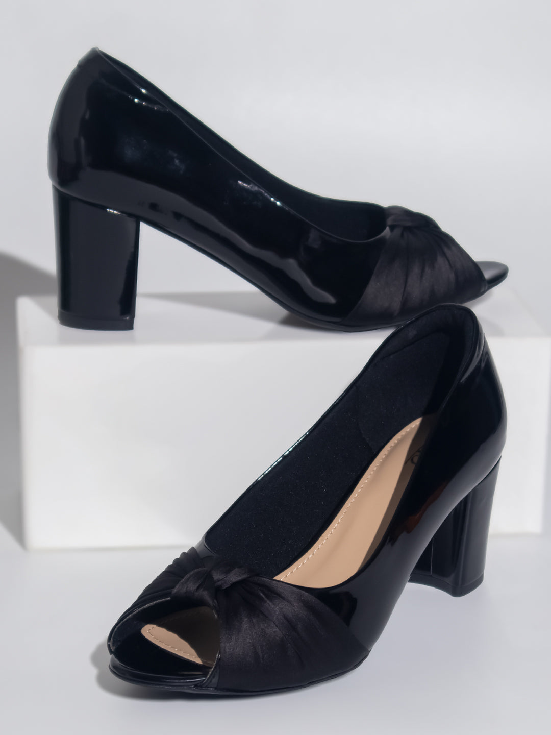 Women Black Block Heels Peep Toe Pumps