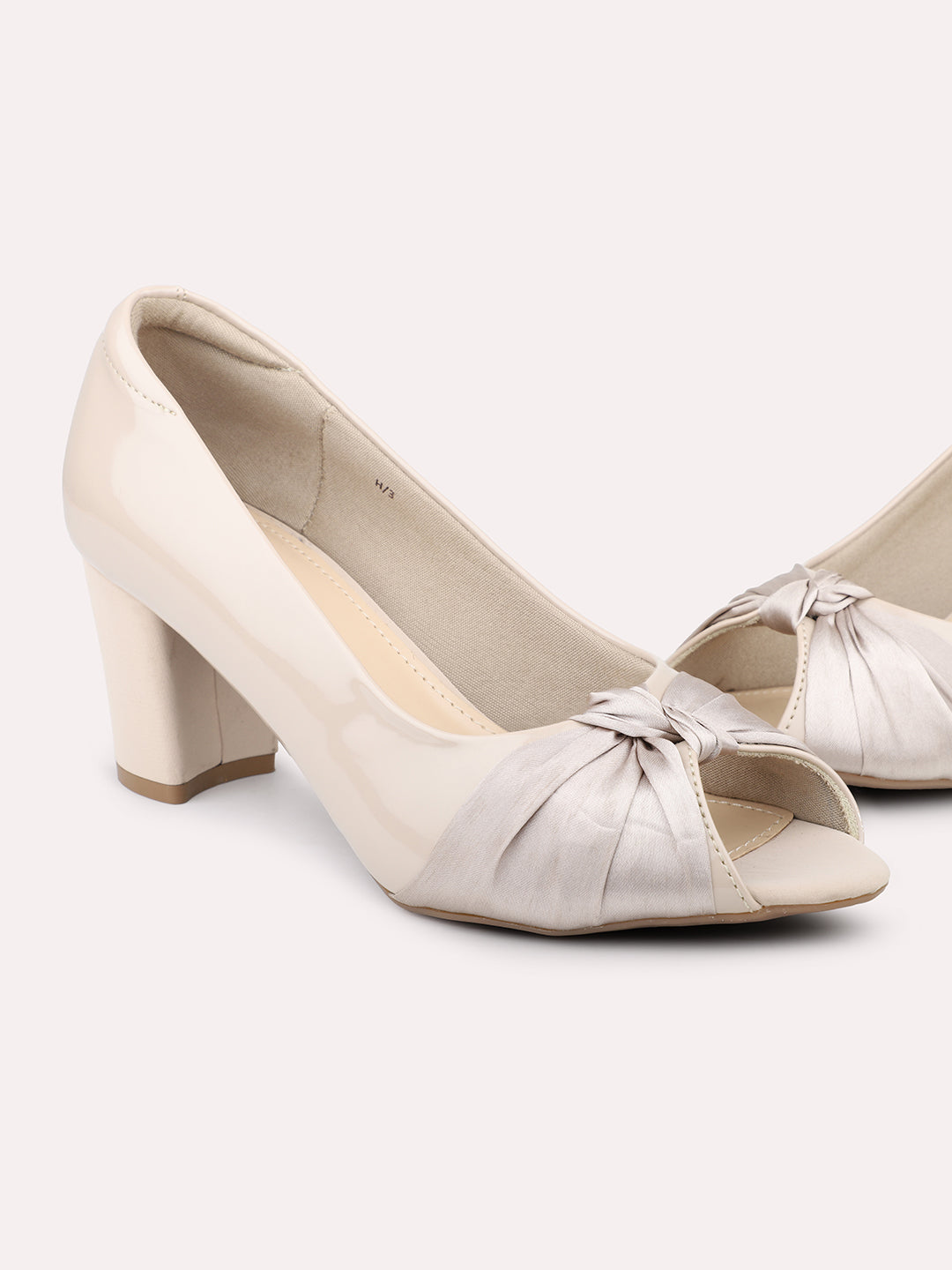 Women Beige Block Heels Peep Toe Pumps