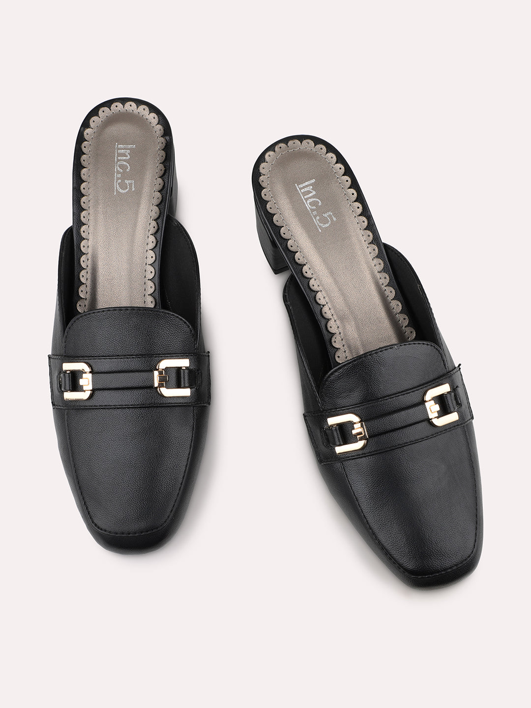 Women Black Block Heeled Mules with Buckle