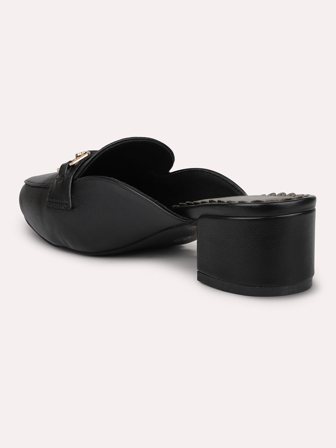 Women Black Block Heeled Mules with Buckle