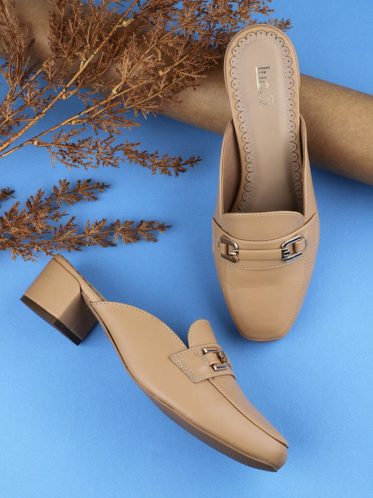 Women Beige Block Heeled Mules with Buckle