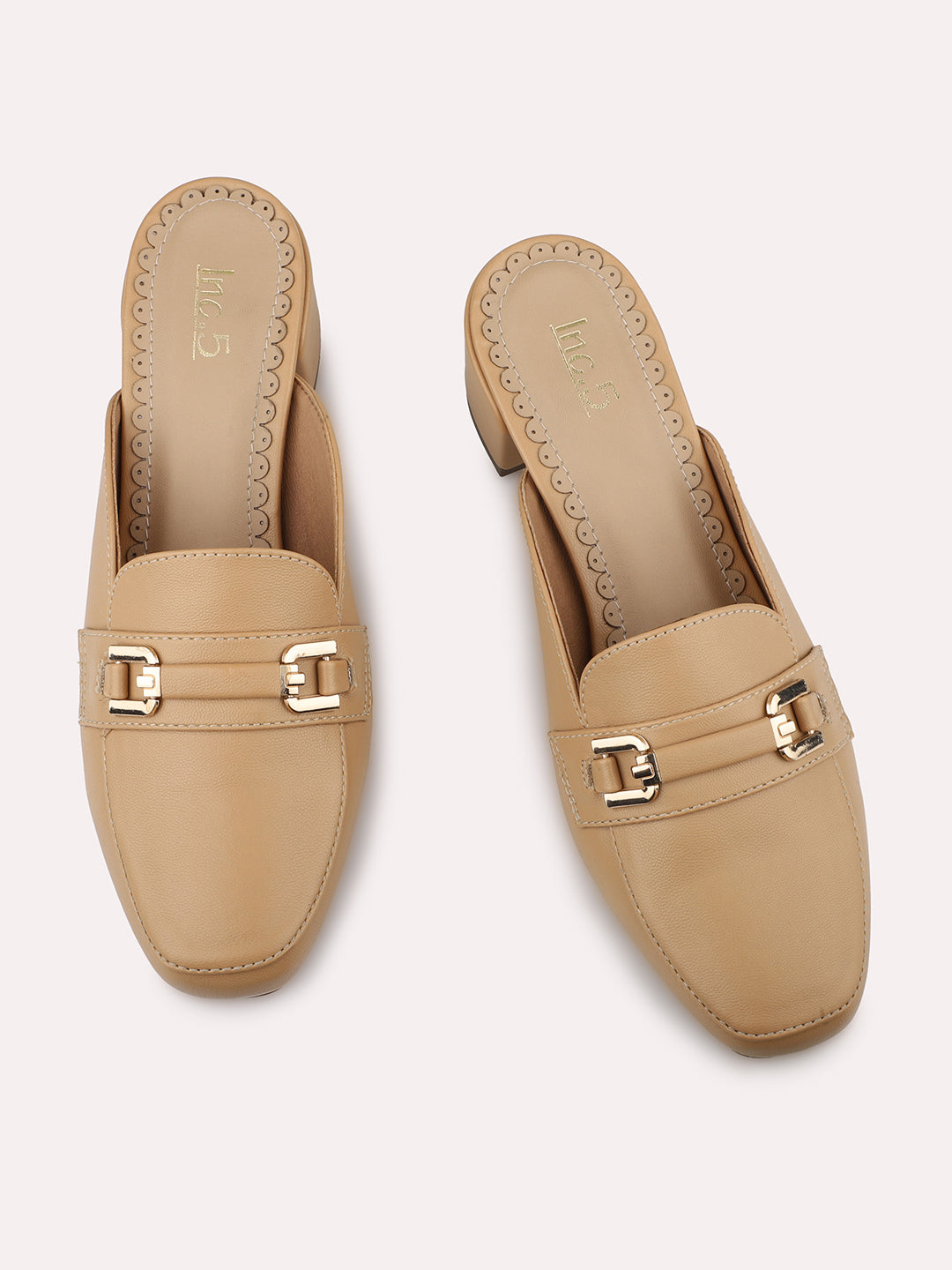 Women Beige Block Heeled Mules with Buckle