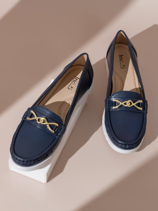 Women Navy Round-Toe Horse-Bit Loafers