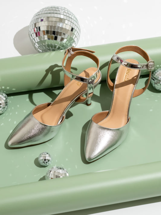 Women Silver Embellished Pointed Toe Party Slim Mules