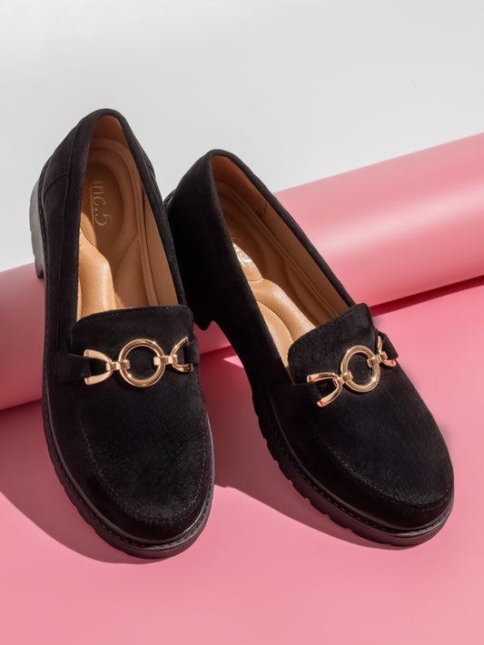 Women Black Sude Slip-On Heeled Horsebit Loafers with Metal Accent