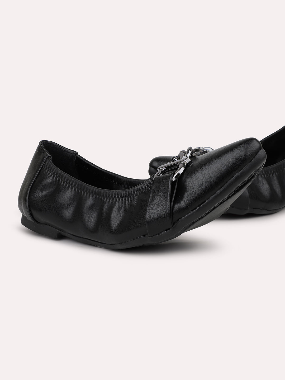 Women Black Textured Buckled Ballerinas