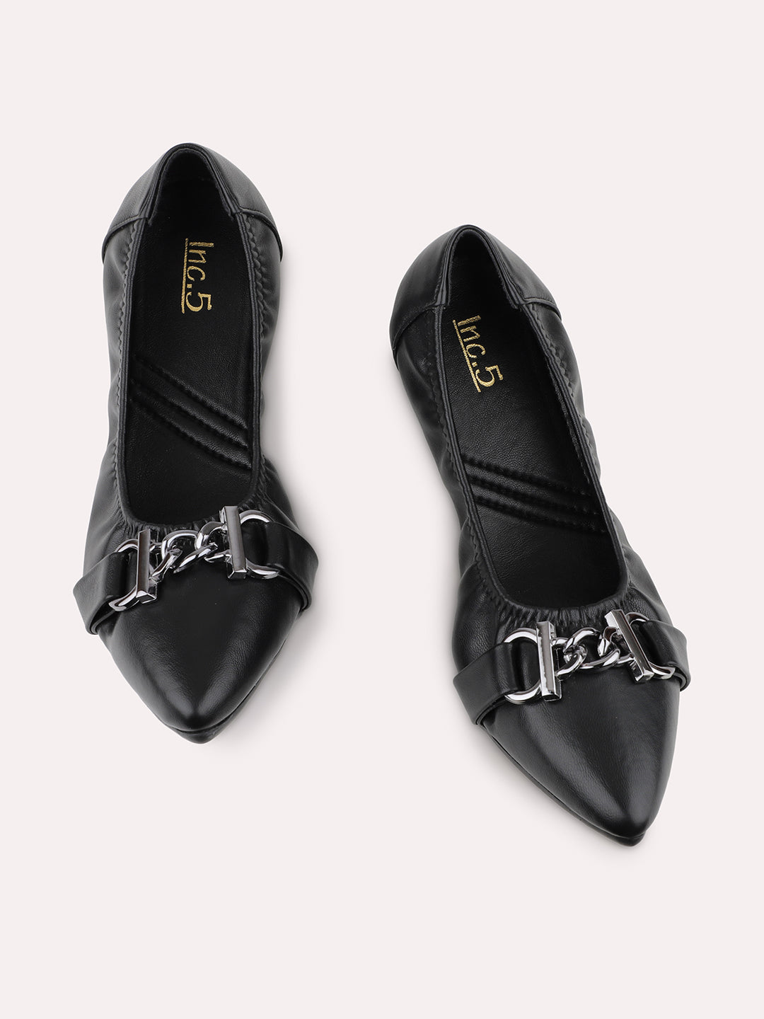 Women Black Textured Buckled Ballerinas