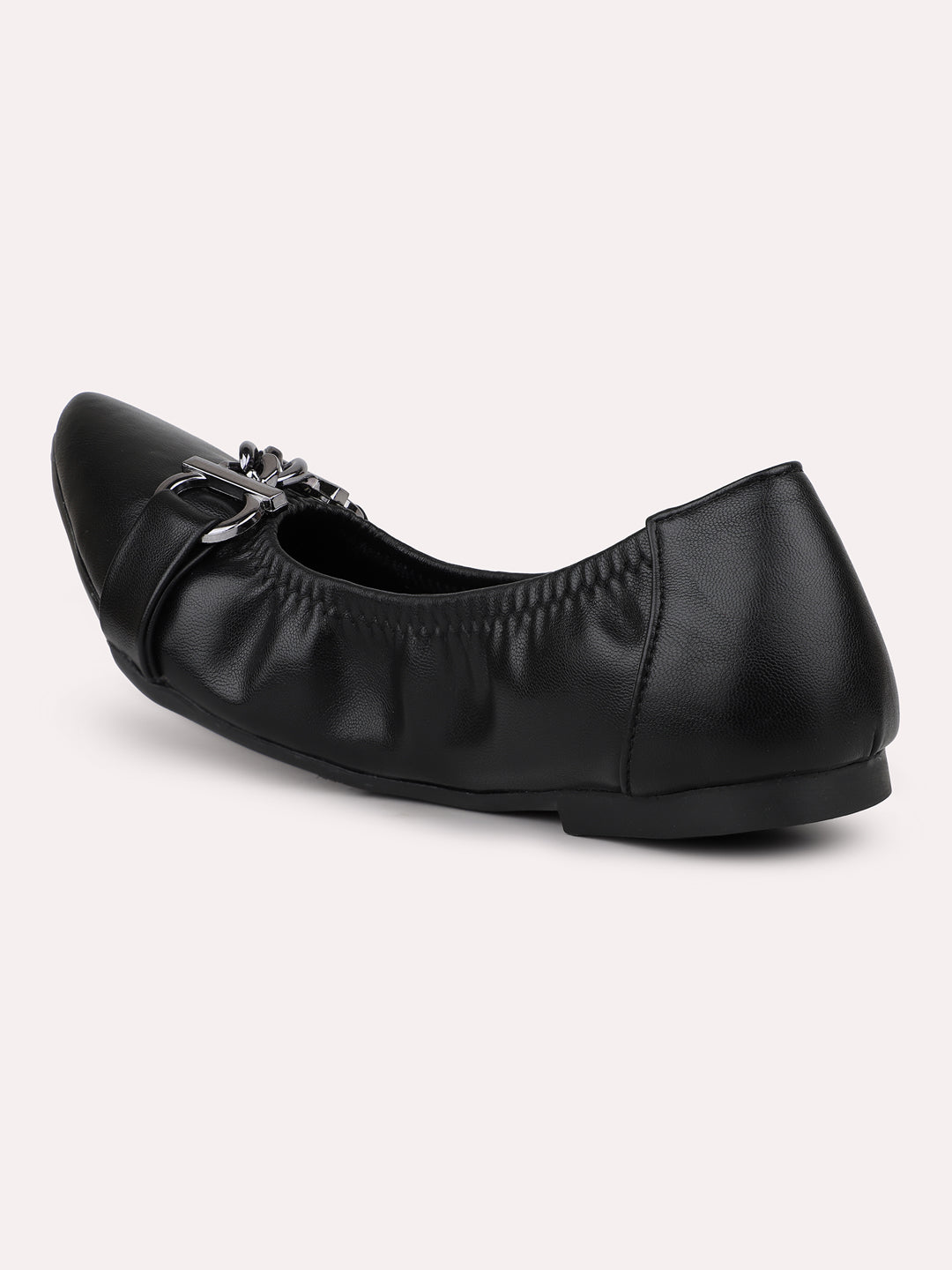 Women Black Textured Buckled Ballerinas