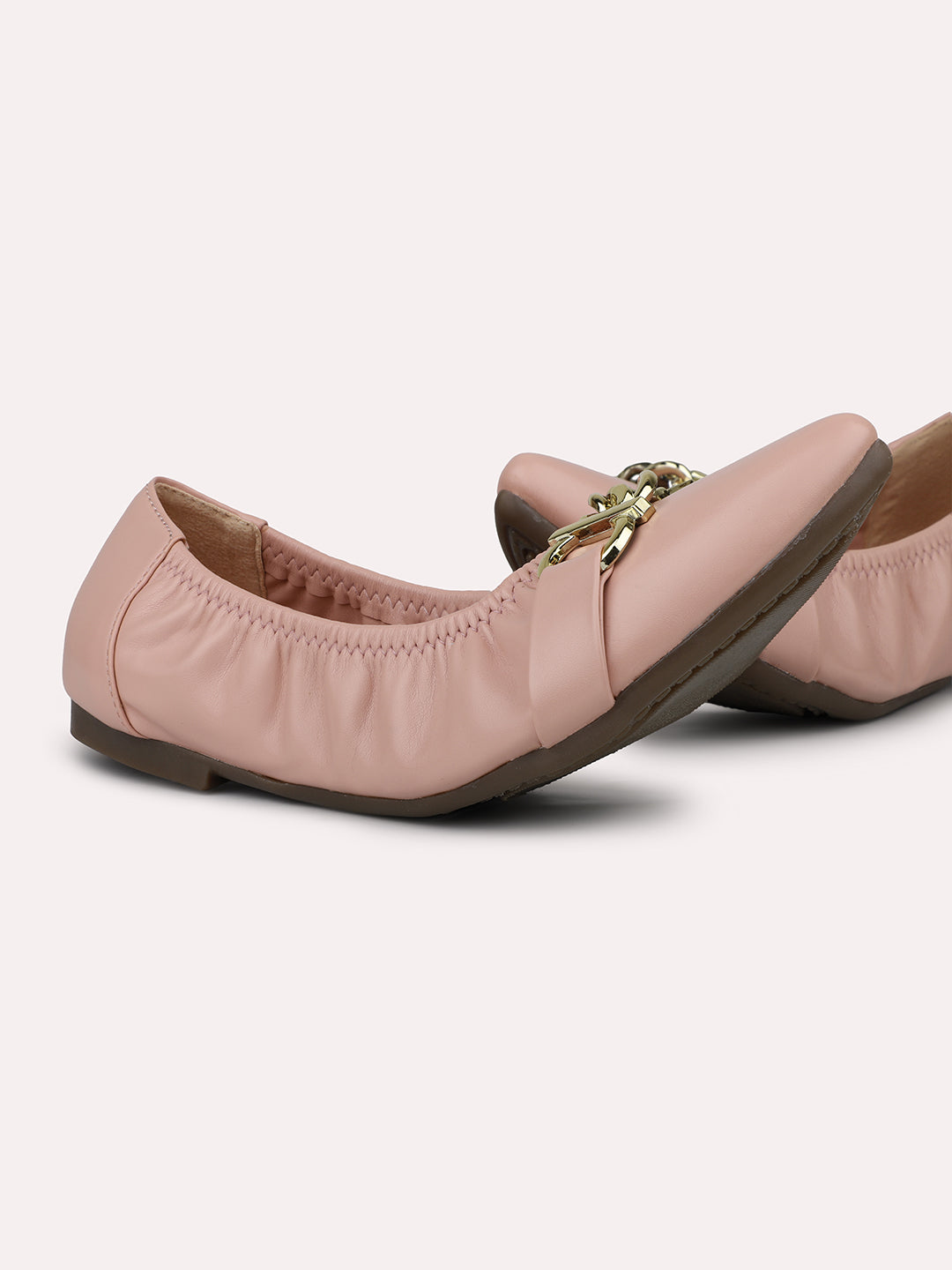 Women Peach Textured Buckled Ballerinas