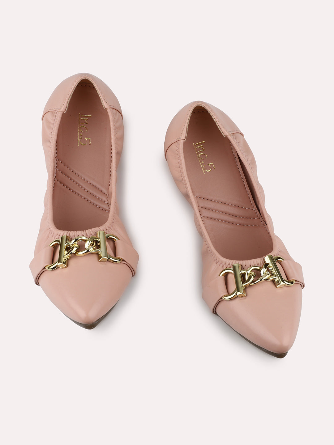 Women Peach Textured Buckled Ballerinas