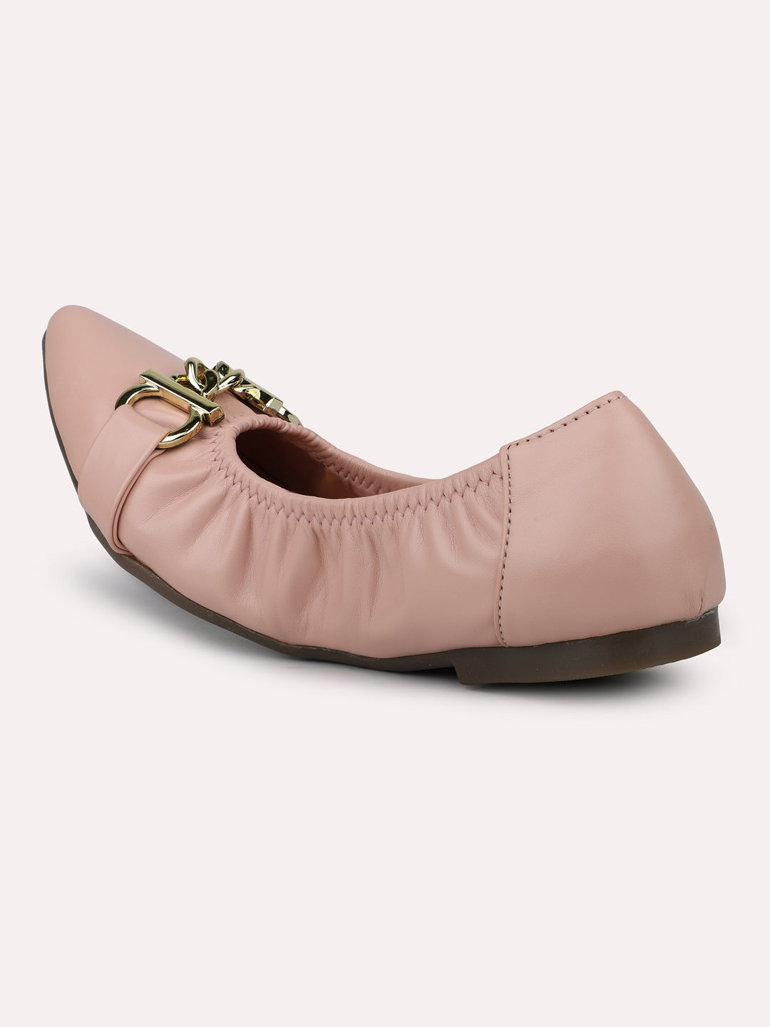 Women Peach Textured Buckled Ballerinas