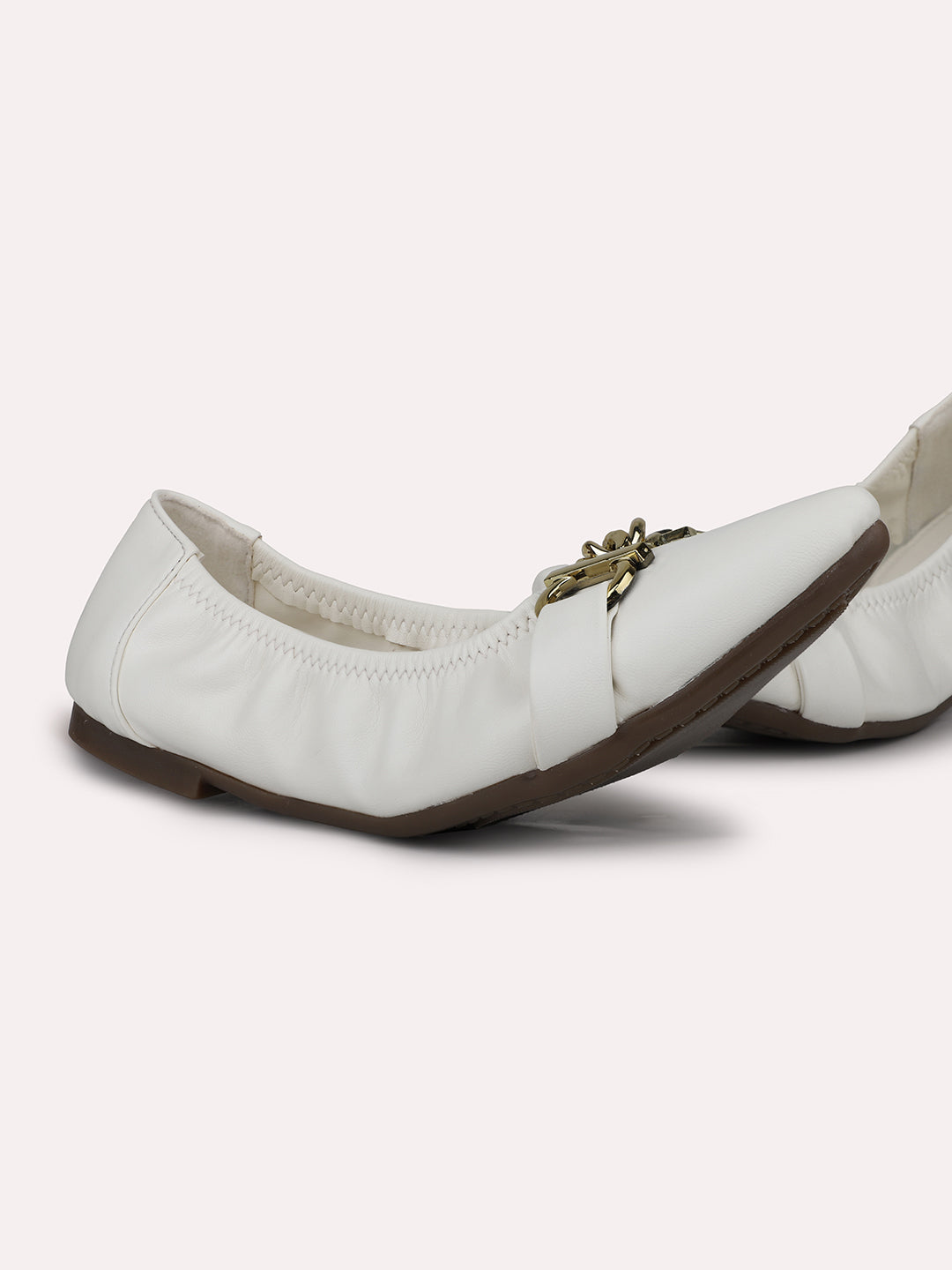 Women White Textured Buckled Ballerinas