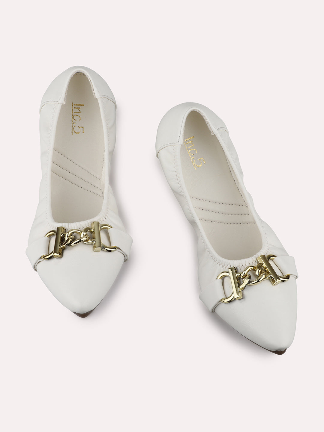 Women White Textured Buckled Ballerinas