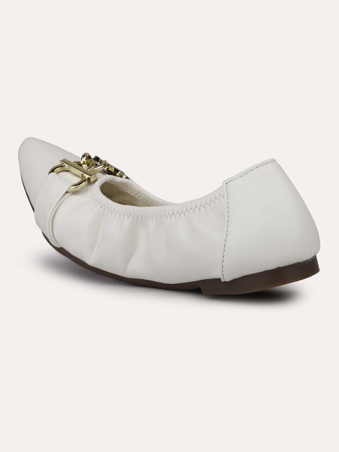 Women White Textured Buckled Ballerinas