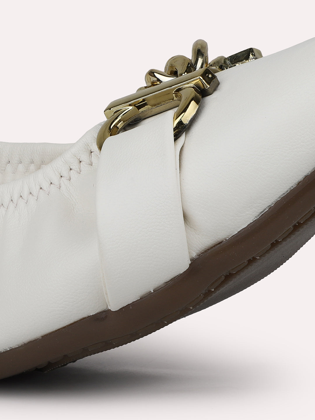 Women White Textured Buckled Ballerinas