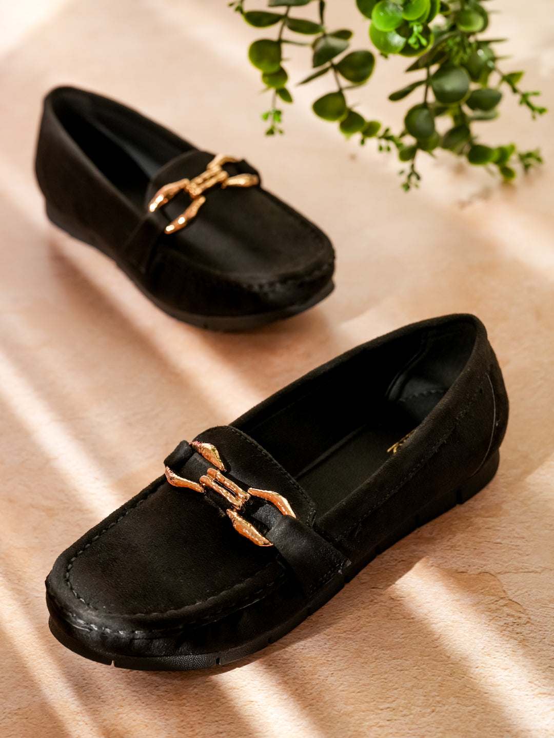 Women Black Suede Buckled Loafers