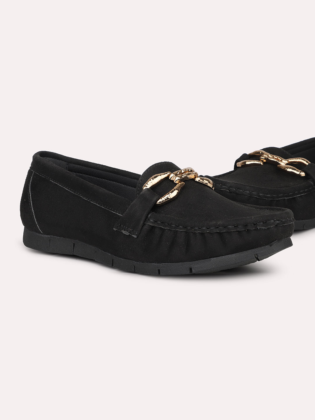 Women Black Suede Buckled Loafers