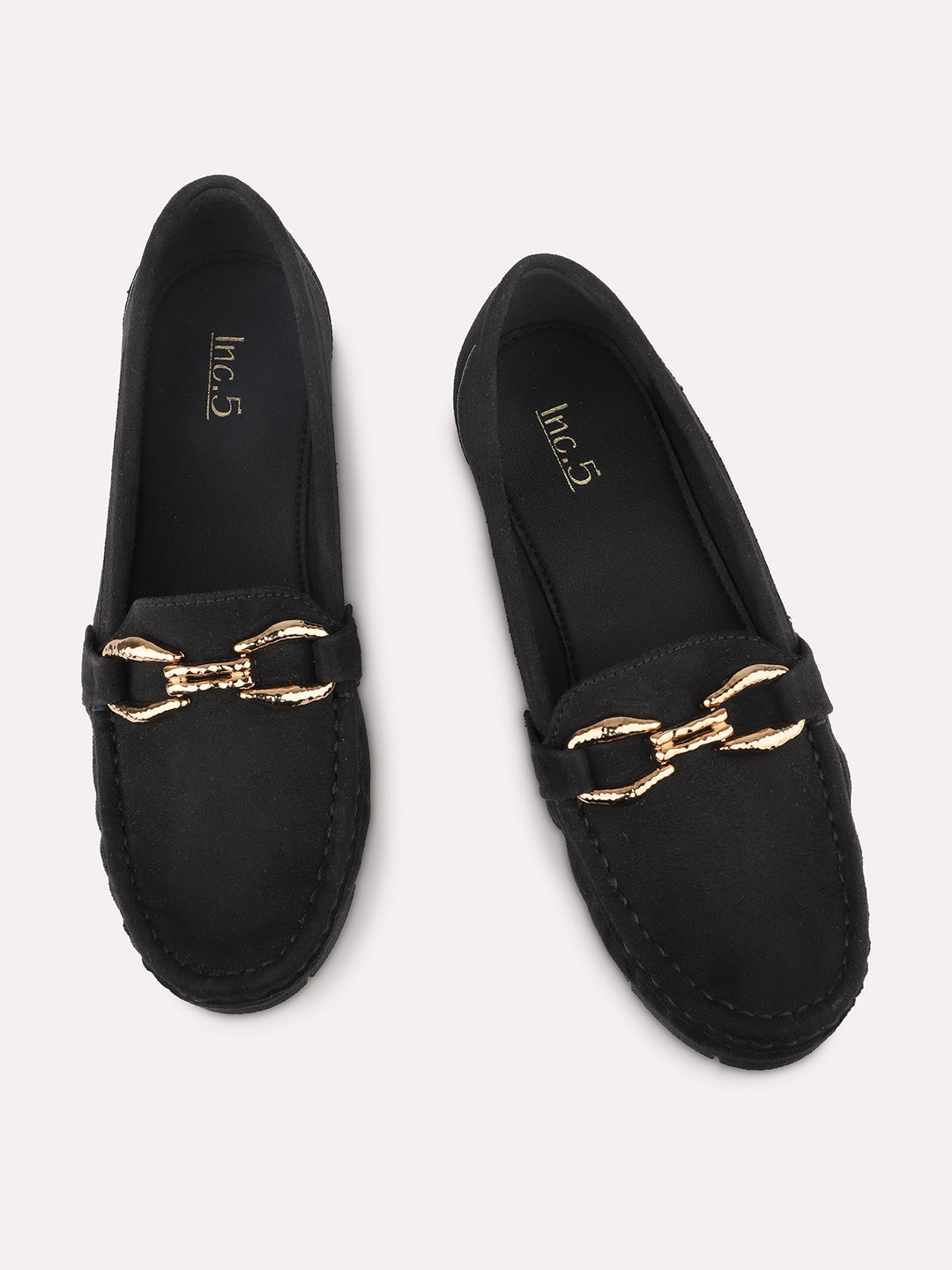 Women Black Suede Buckled Loafers