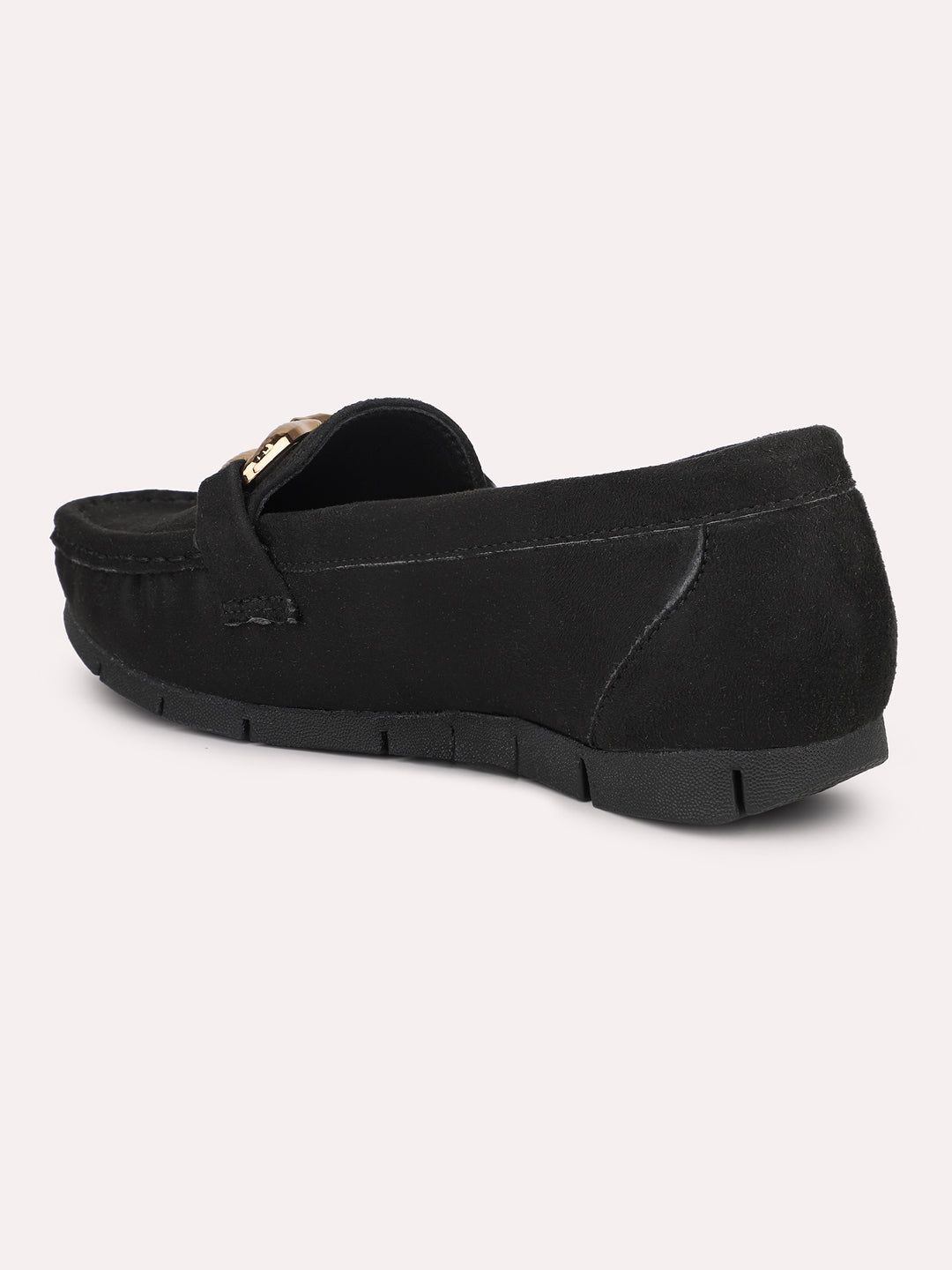 Women Black Suede Buckled Loafers