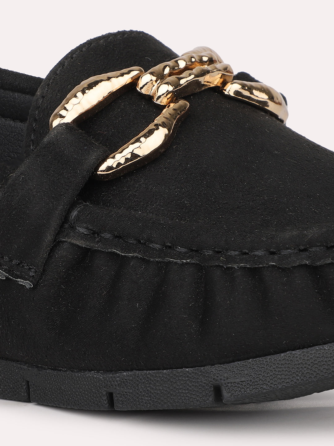 Women Black Suede Buckled Loafers