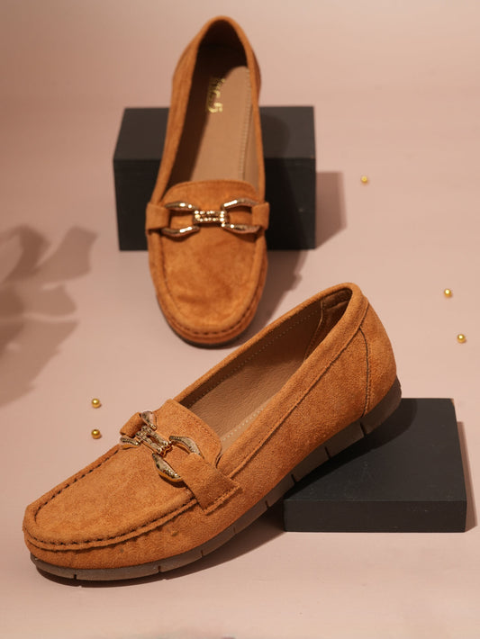 Women Tan Suede Buckled Loafers