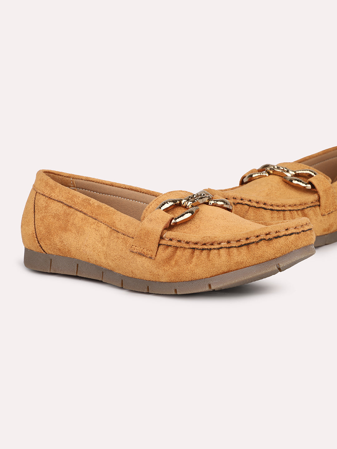 Women Tan Suede Buckled Loafers