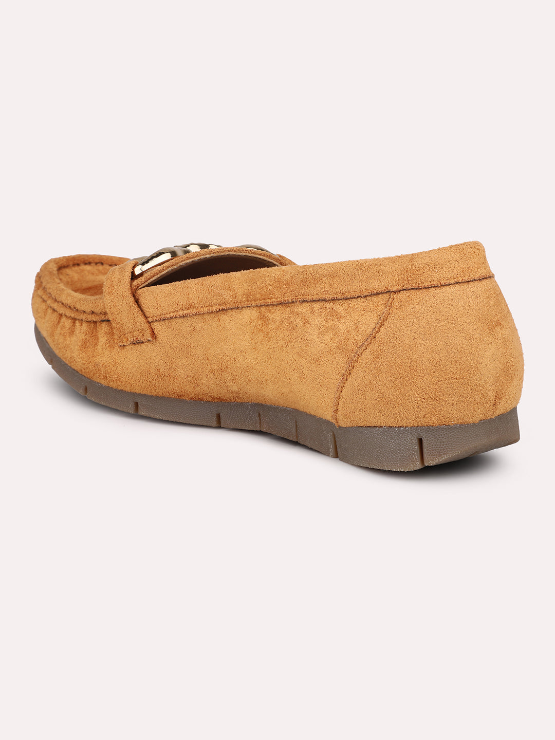 Women Tan Suede Buckled Loafers