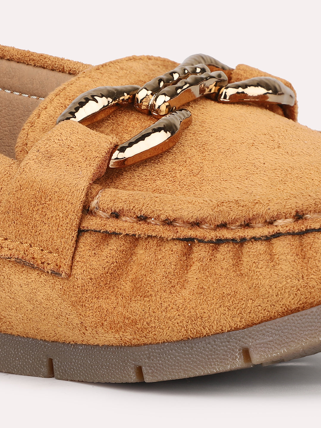 Women Tan Suede Buckled Loafers